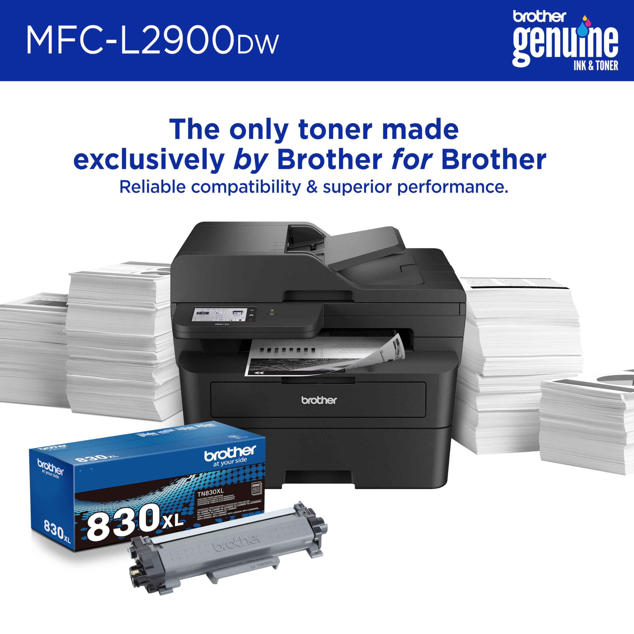 Brother Professional Laser Printer with Scanner, High-Speed 36 ppm Monochrome All-in-One, Wireless Duplex Printing and Scanning, Cloud-Ready 3.5 in Touchscreen for Small Business (MFC-L2900DW)