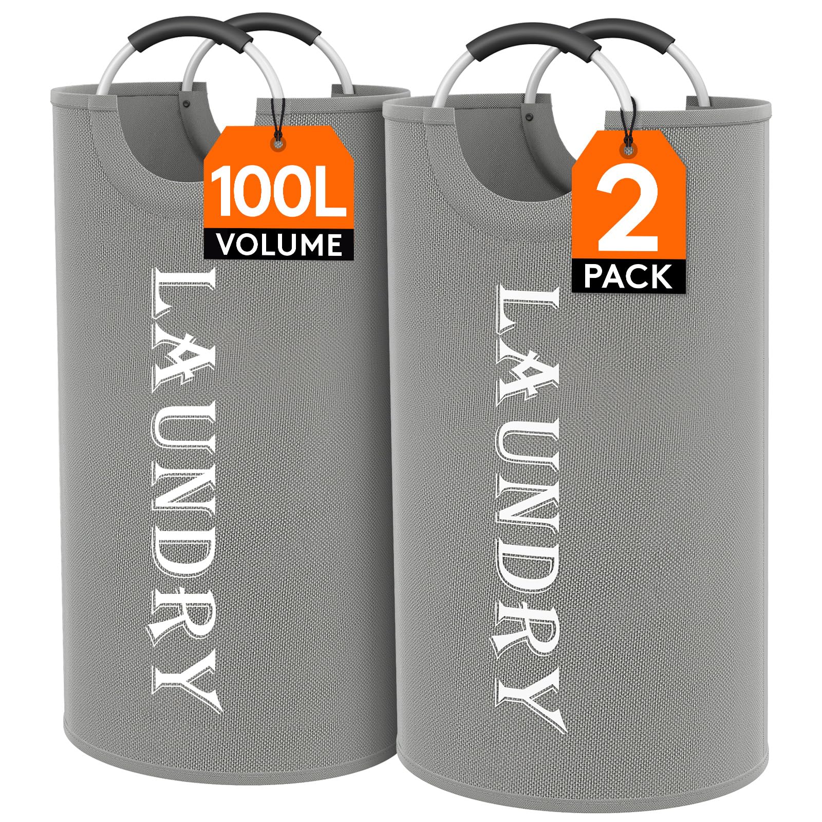 Lifewit 100L 2-Pack Large Laundry Basket, Collapsible Laundry Hamper with Aluminum Handles, Waterproof Freestanding Dirty Clothes Hampers for Laundry Room Bedroom Dorm Bathroom, Silver Grey