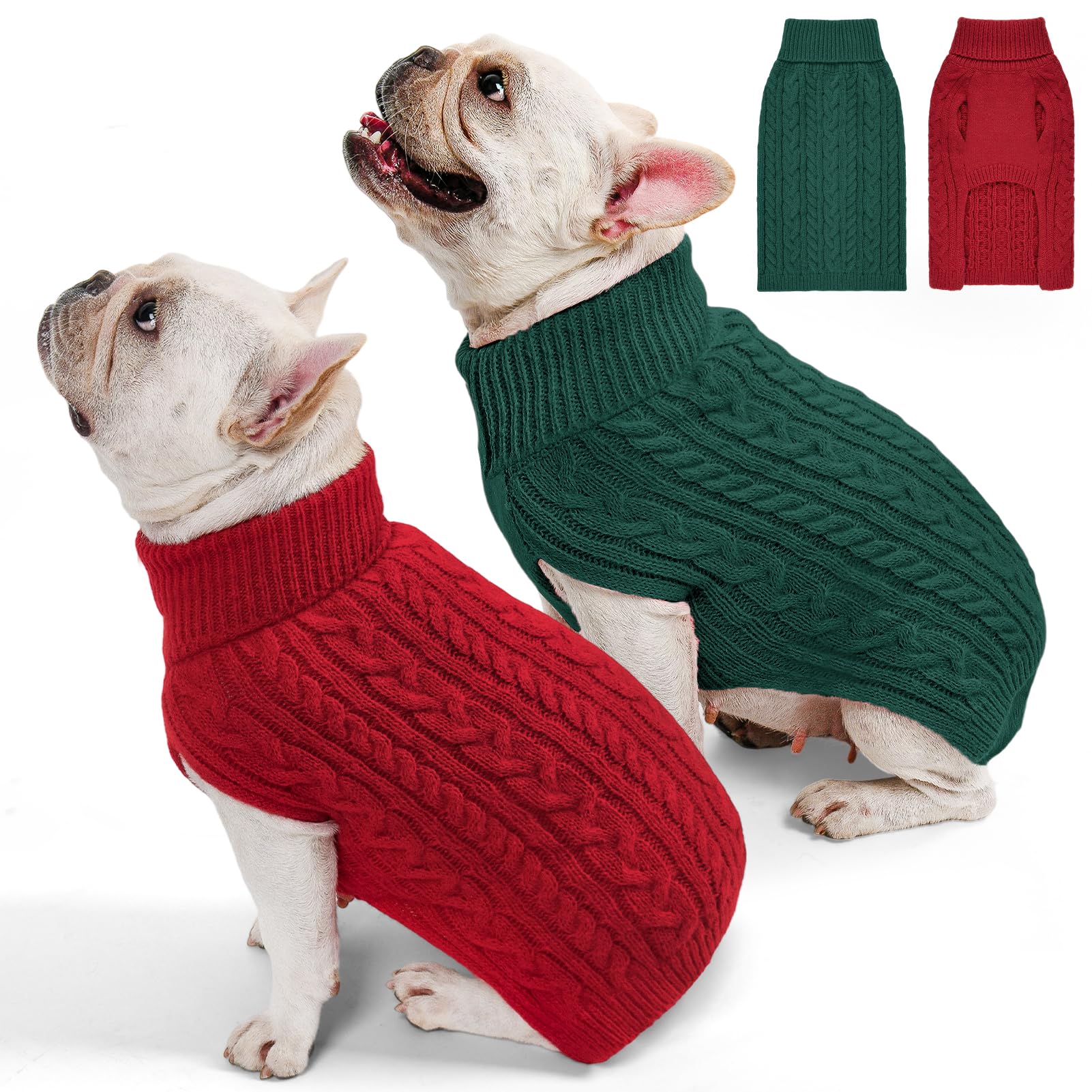 Photo 1 of KCFESTIHUE 2 Pack Dog Sweaters for Medium Dogs Turtleneck Pullover Cable Knit Stretch Clothes French Bulldog Dachshund Boston Terrier Corgi Beagle Pug Boy Girl Pets Winter Clothes (L, Red & Green)