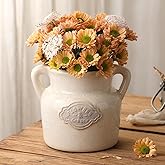 Rustic White Ceramic Vase, 5.8 Inch Vintage Flower Vases with Handle, Farmhouse Distressed Decorative Vases for Home Decor, Wide Mouth Vase for Living Room Bedroom Table Shelf Decorations