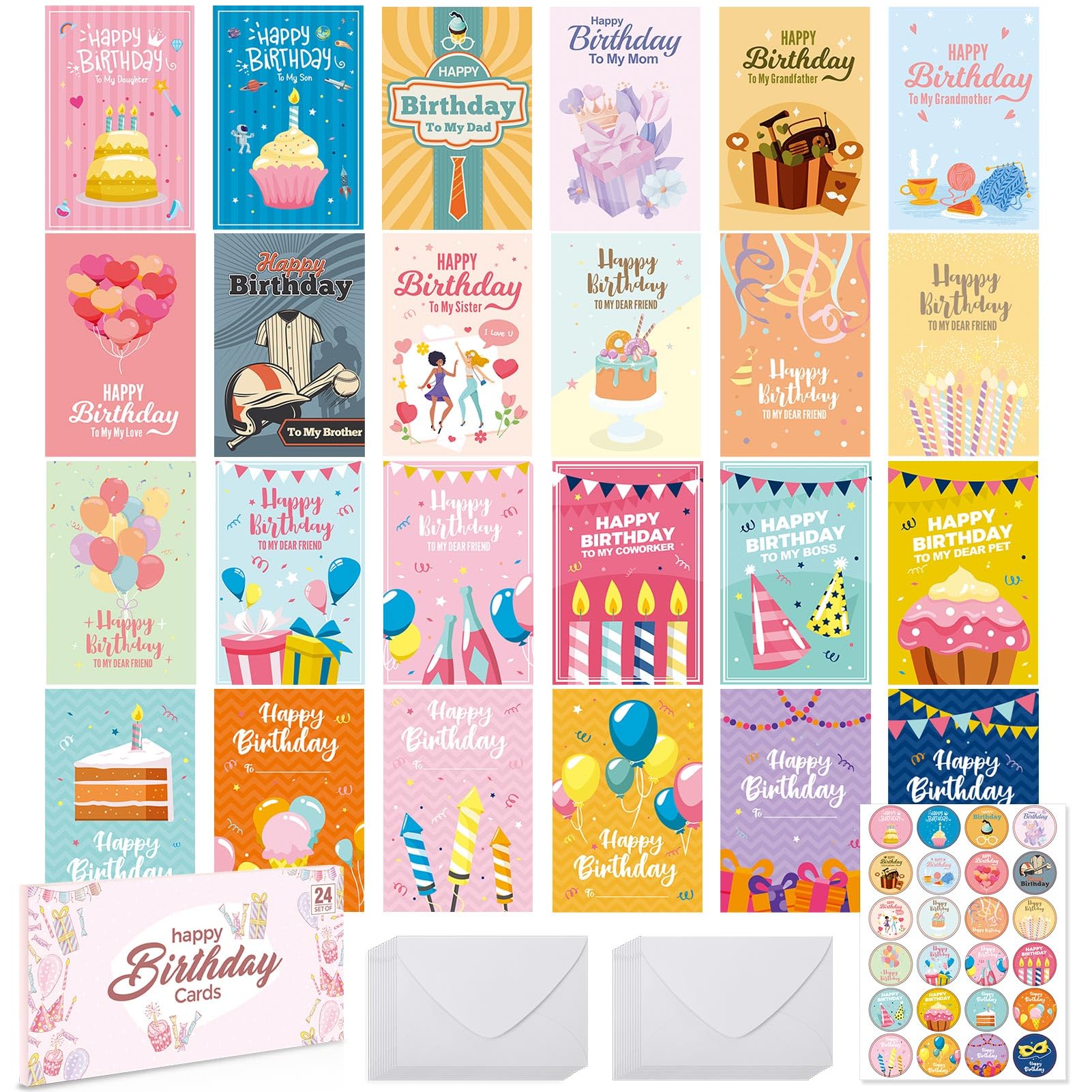 Photo 1 of 24 PCS Unique Design Birthday Cards with Envelopes and Stickers, 4x6 Inchs, Box of Assorted Birthday Cards for Family and Friends, for All Occasion