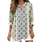 Medlor Womens Boho Floral Printed Shirts Long Sleeve V Neck Blouses Casual Plus Size Vacation Tunic Tops for 2025 Autumn