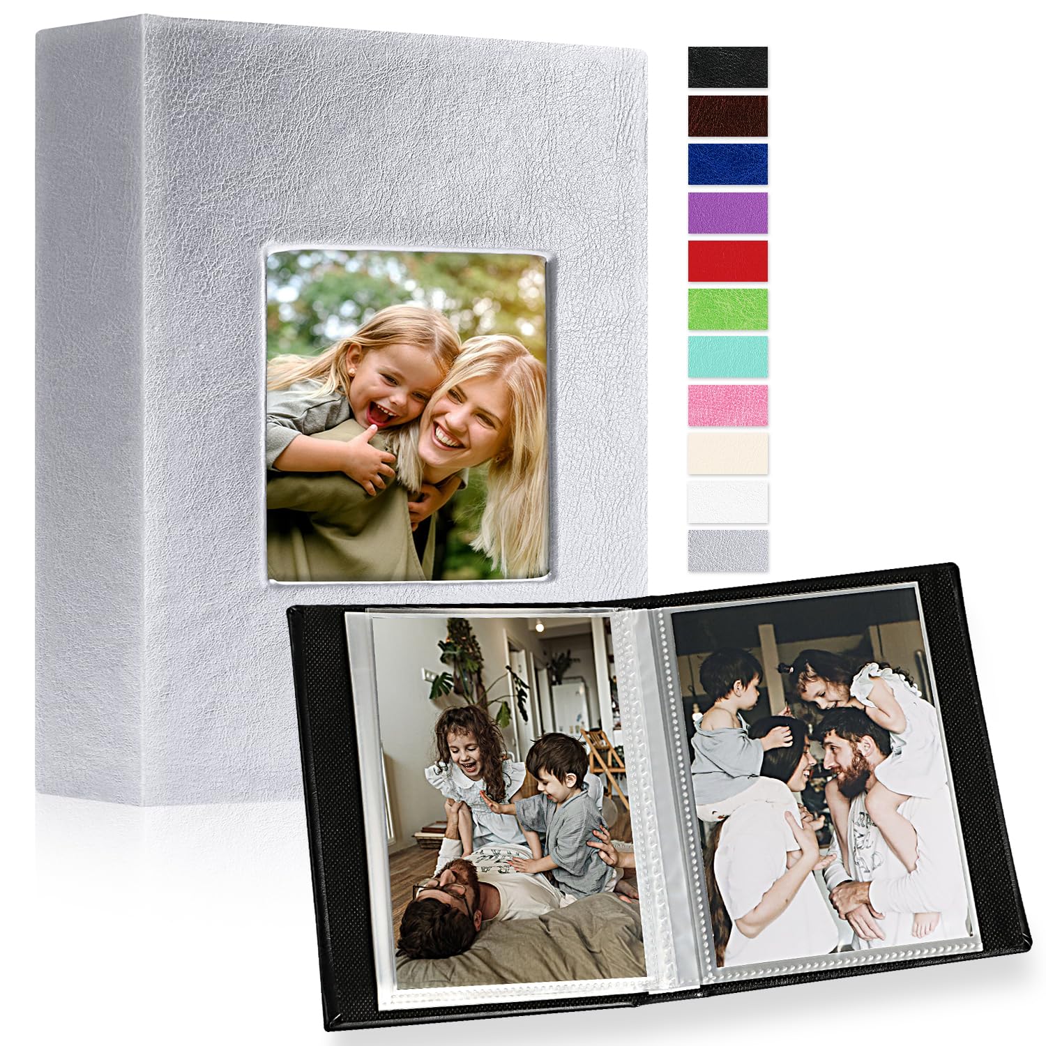 Ywlake Photo Album 10 x 15 Mini Small Format 100 Pockets 2 Packs, Leather Fabric Album for Vertical Photos Silver — image 1