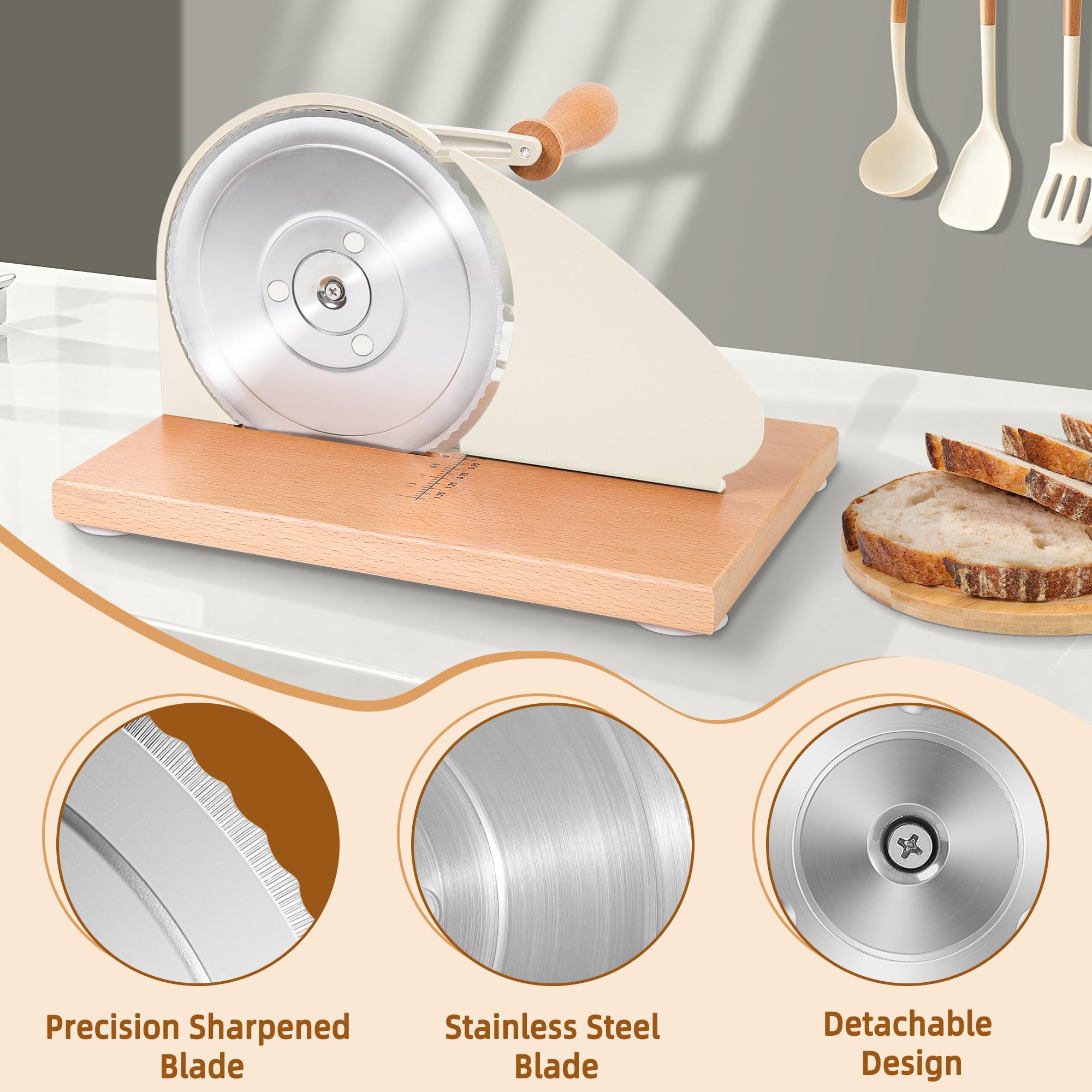 CAWIU Upgraded Manual Bread Slicer for Homemade Sourdough Bread - Adjustable Thickness Bread Cutter with Hand Crank, Suction Cups, Slicing Guide, Scale Line & Cover, for Perfect Even Slices (Cream)
