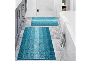 Gibelle Teal Bathroom Rug Set 2 Piece, Chenille Non Slip Bath Mat Set, Absorbent Shower Rug and Bath Room Floor Mats, Quick Dry Bathmat Bathroom Decor Accessories for Tub, 16" x 24", 20" x 32"