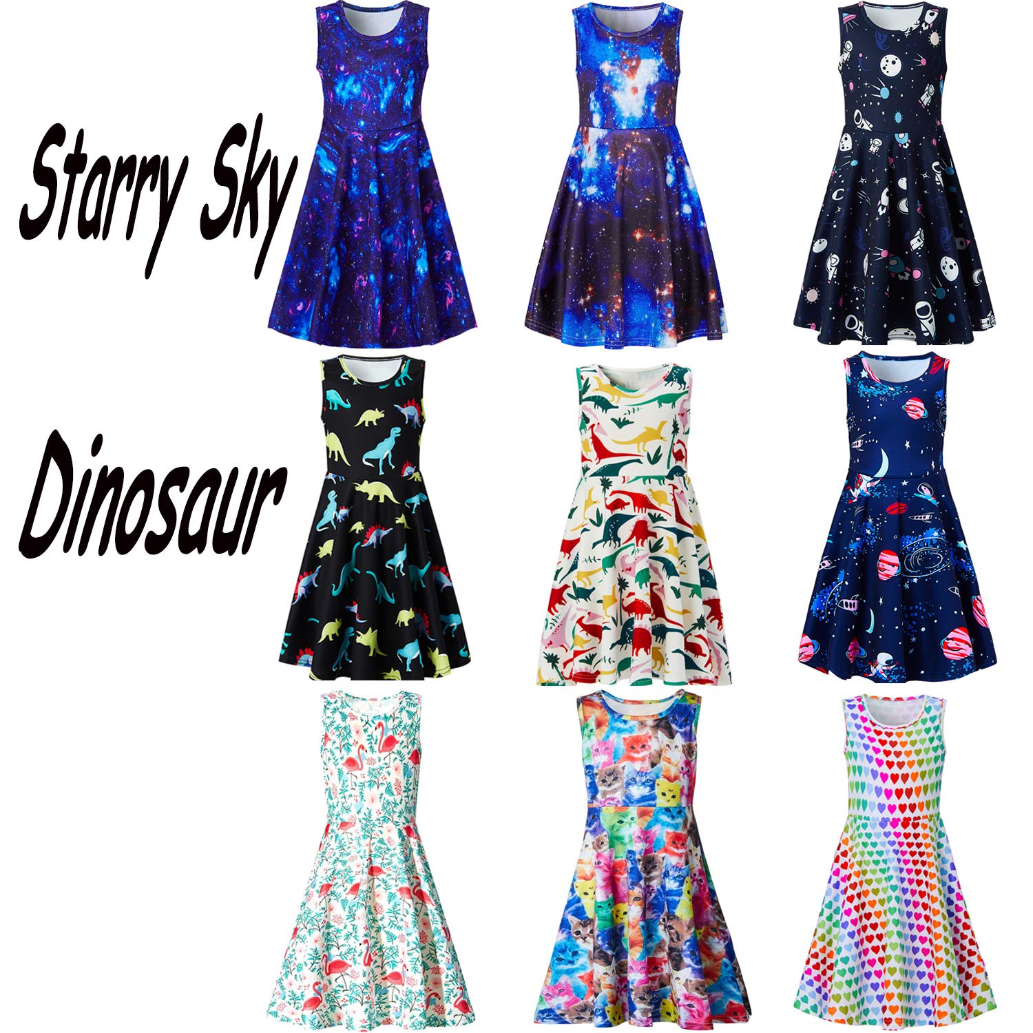 Leapparel Kid Girls Dress Round Neck Skirt Space Dresses Cotton Cartoon Sundress 3D Print A Line Clothes Wedding Picnic Dresses Planet Frocks 6-7 Years Old