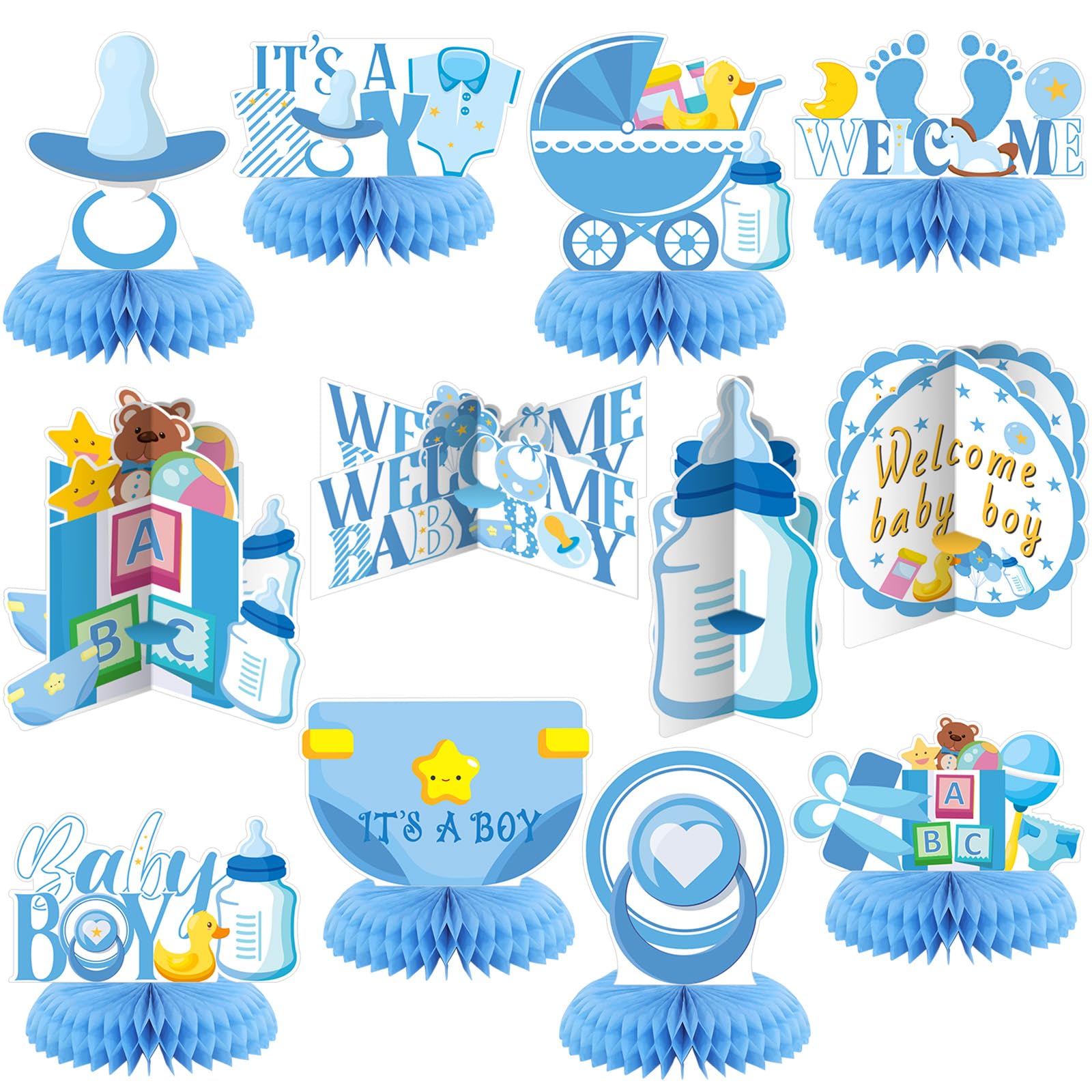 Photo 1 of Chiisong 12 Pcs It's a Boy Baby Shower Honeycomb Centerpieces Blue Baby Shower Party Table Decorations Gender Reveal Table Toppers Baptism Decor for Welcome Boy Newborn Photo Props(Classic Style)