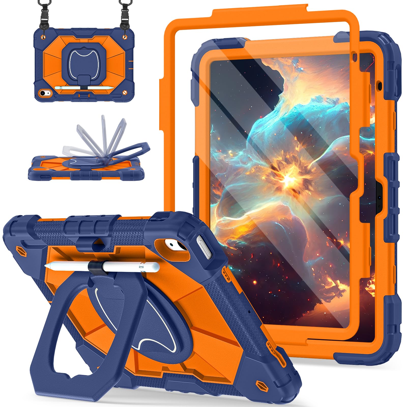 Photo 1 of Scnioy Case for iPad (A16) 11th Generation 11 Inch (2025) / iPad 10th Generation Case 10.9 Inch (2022) with 360° Rotating Stand Screen Protector Pen Holder Shoulder Strap, Navy Orange