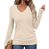 Bliwov Womens Tunic Tops Long Sleeve V Neck Casual Fall Outfits Ruched Button Pullover Sweater Loose Blouse Fashion Clothes
