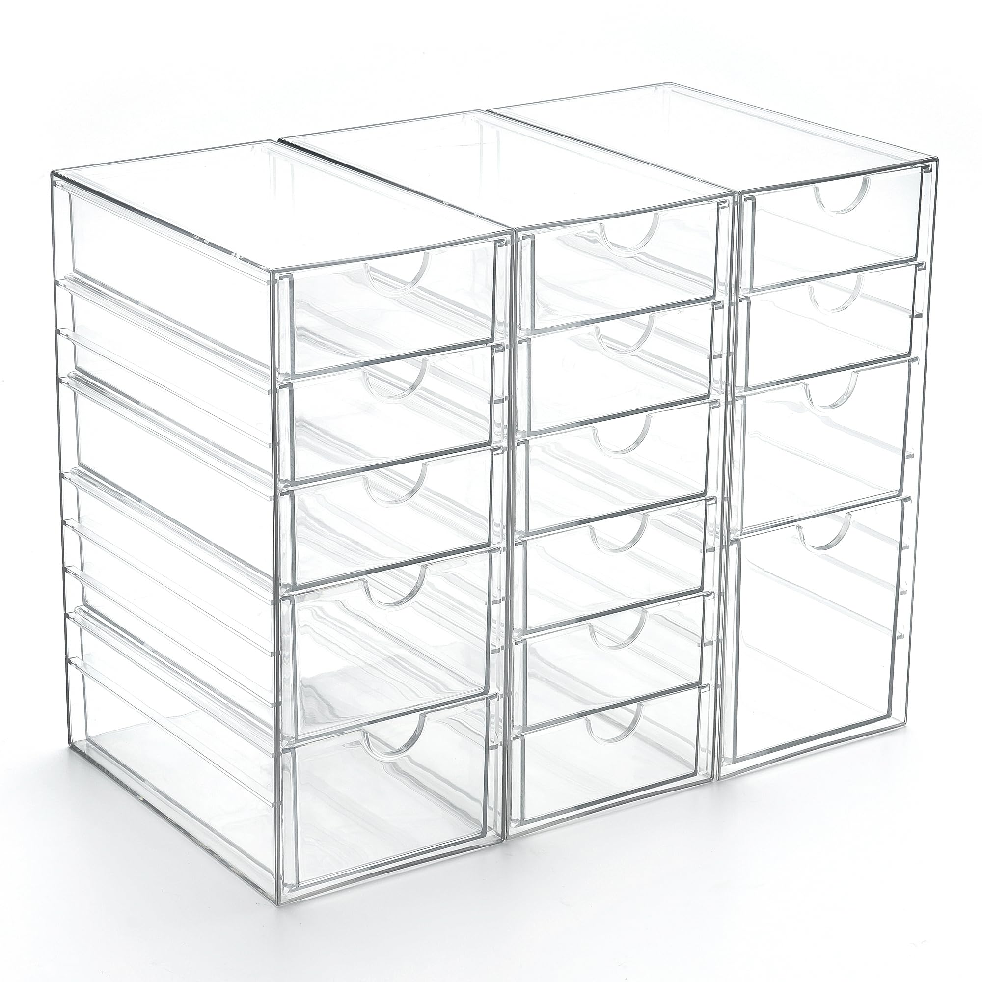 Photo 1 of Prsildan Acrylic Drawer Organizer with 15 Drawers, Makeup Craft Office Desk Organizers Accessories, Set of 3 Clear Stackable Storage Drawers for Vanity, Countertop, Jewelry, Art Supply Organization