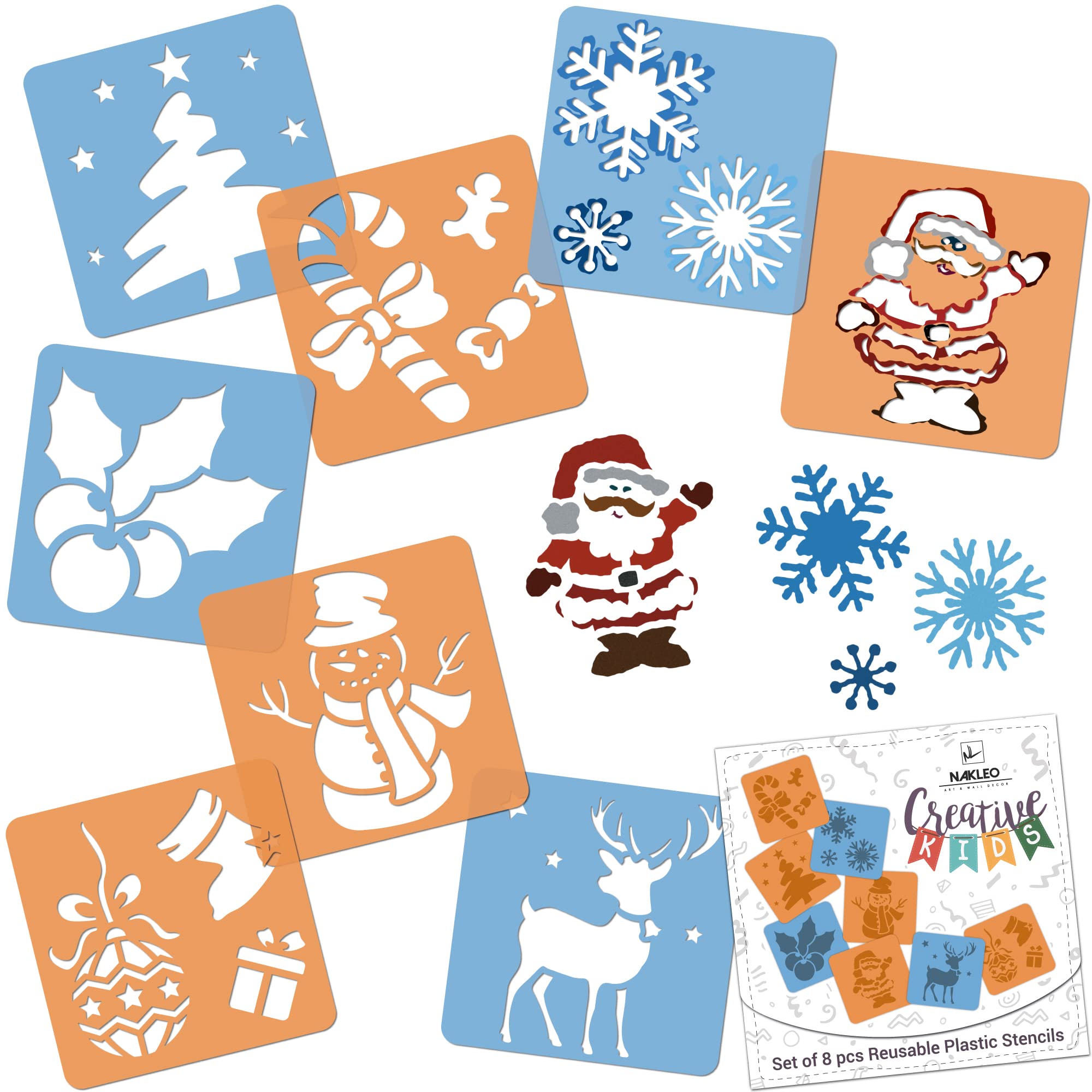 NAKLEO Painting Stencils for Kids, 8 Pcs Set 15x15cm Christmas, Children Creative Drawing Templates Plastic and Reusable, DIY Decoration Arts and Crafts, Paper Wall Wood Fabric
