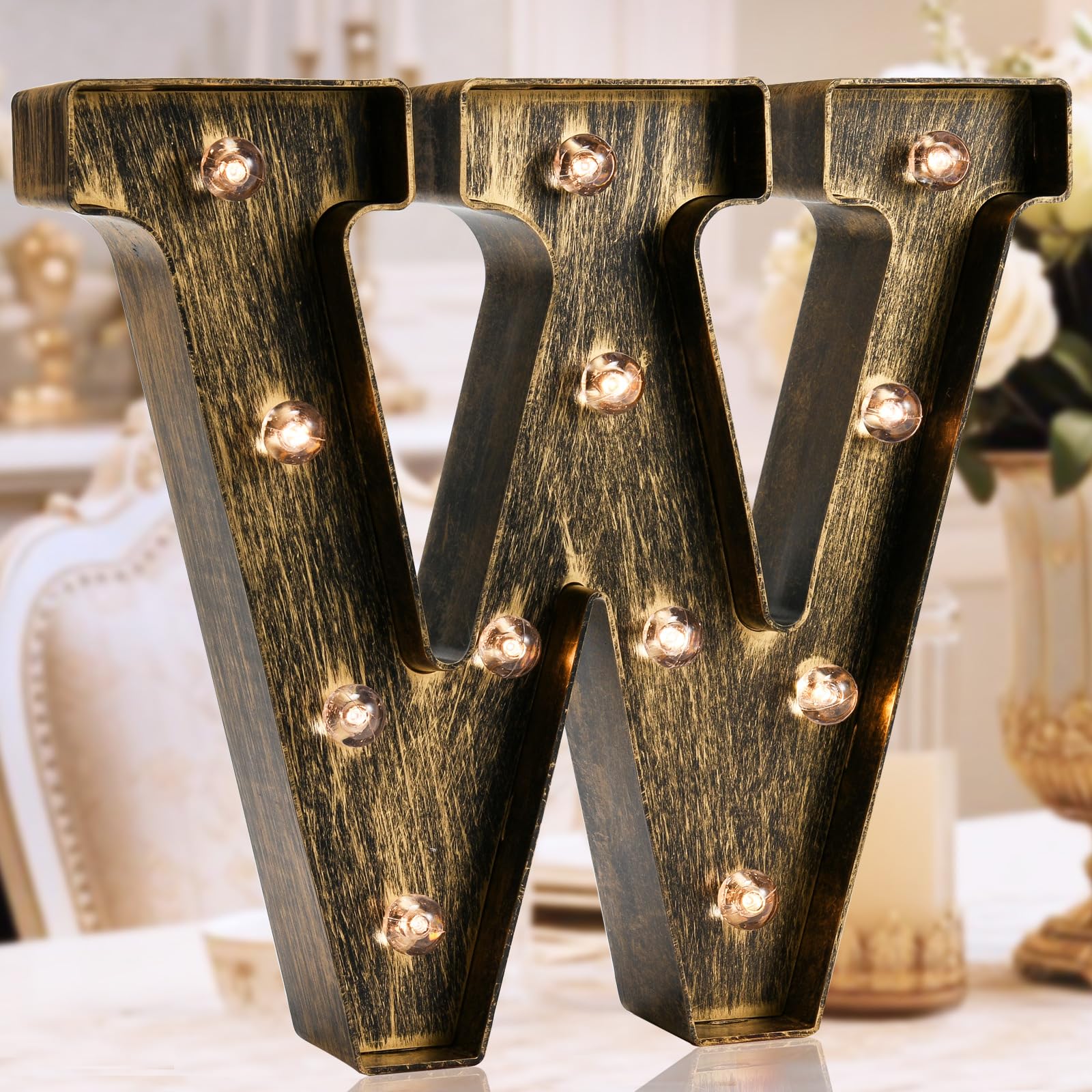 Oycbuzo Golden Black Led Marquee Letter - Industrial, Vintage Style Light Up Alphabet Letter Sign for Cafe Wedding Birthday Party Christmas Lamp Home Bar Initials Decor - W