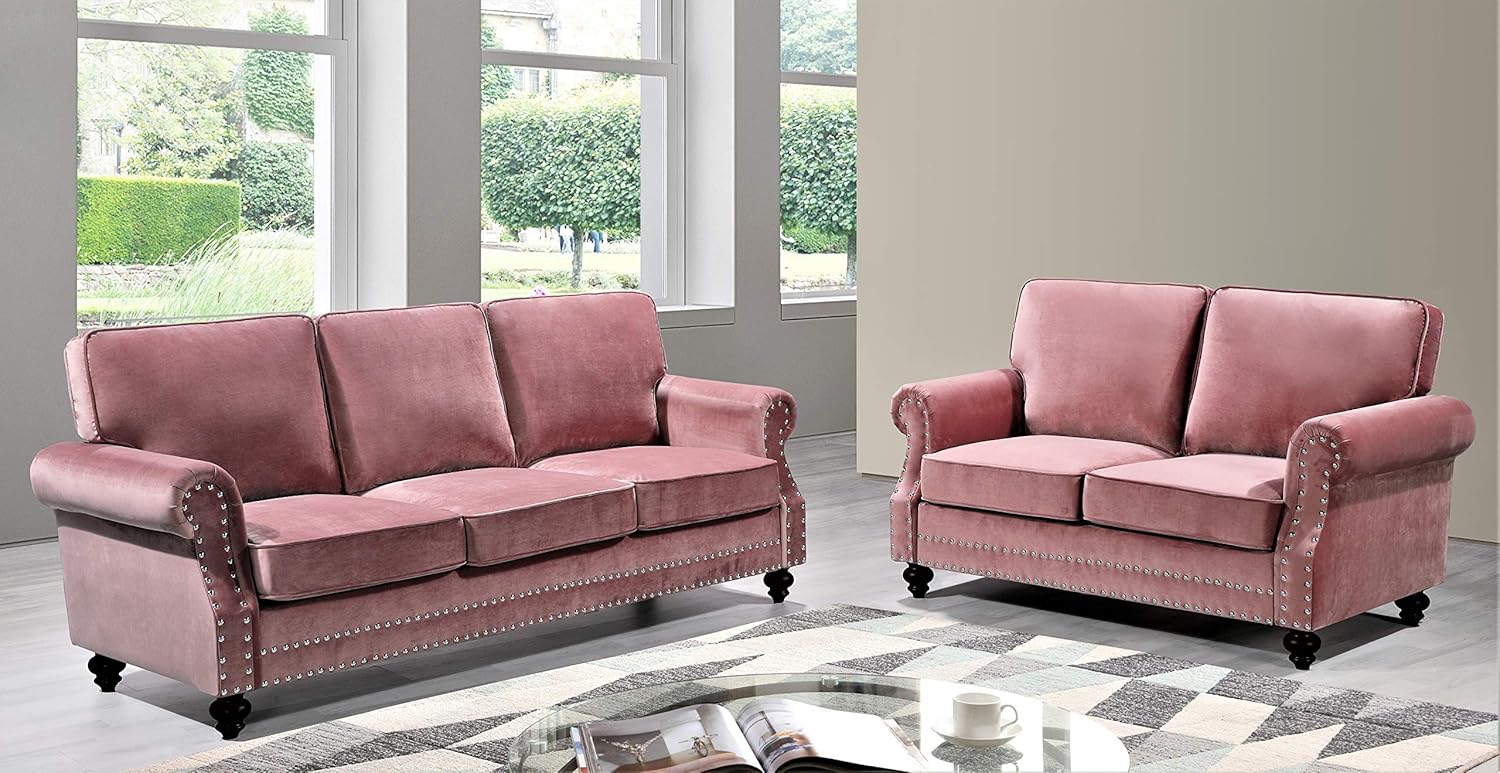 Container Furniture Direct Lotus Mid Century Modern Velvet Upholstered Living Room Rolled Arms, Sofa and Loveseat, Rose: Furniture & Decor