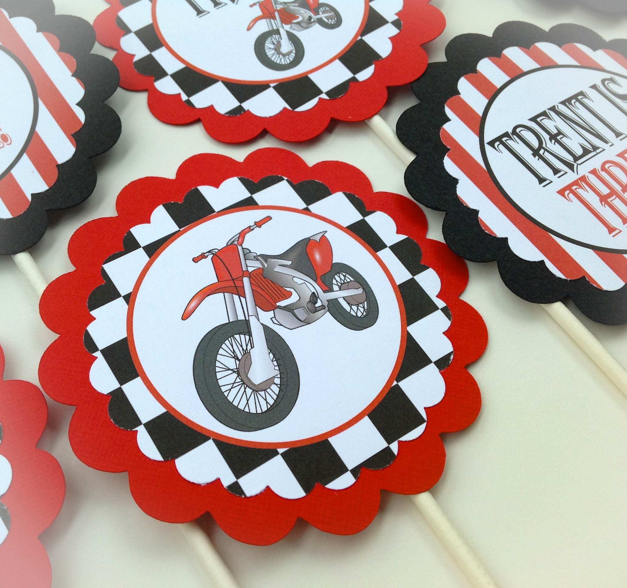 12 Cupcake Toppers Motorcycle Happy Birthday Collection Black White