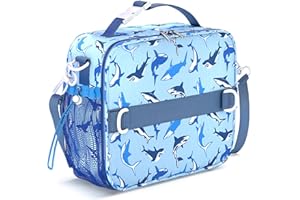 YOLAY Kids Lunch Bag, Double Insulated, Durable, Spacious with Zippered Pocket, Adjustable Straps & Handles, Bento Lunch Bag for School & Outdoor - Sharks (Large)