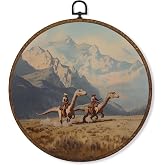 MOTERMATE Western Cowboy Dinosaur Wall Art Decor Round Framed, Whimsical Cowboy Dinosaur Mountain Canvas Wall Art Artwork Prints, Western Hanging Decor Decorations for Home Bedroom Room, 10x10 Inch