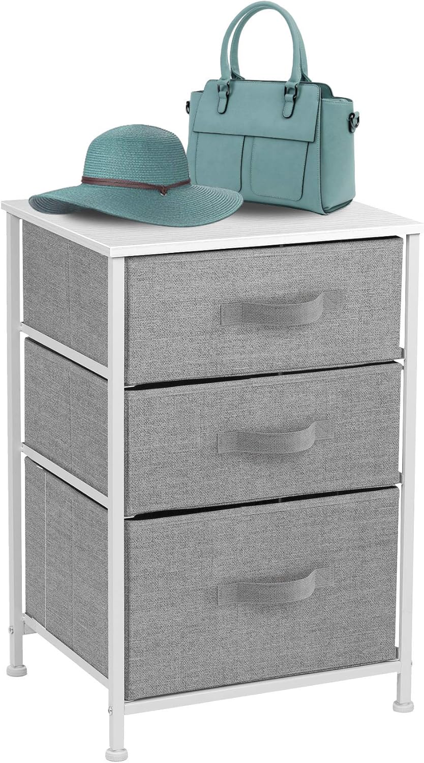 Sorbus Nightstand with 3 Drawers - Bedside Furniture & Accent End Table Chest for Home, Bedroom Accessories, Office, College Dorm, Steel Frame, Wood Top, Easy Pull Fabric Bins (White/Gray): Kitchen & Dining