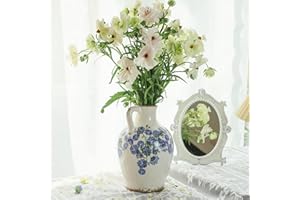 Ronasip Vintage 12” Flower Vase with Handle Retro Ice Crackle Waterproof Chinoiserie Ceramic Pitcher Blue and White Vase for Home Decor