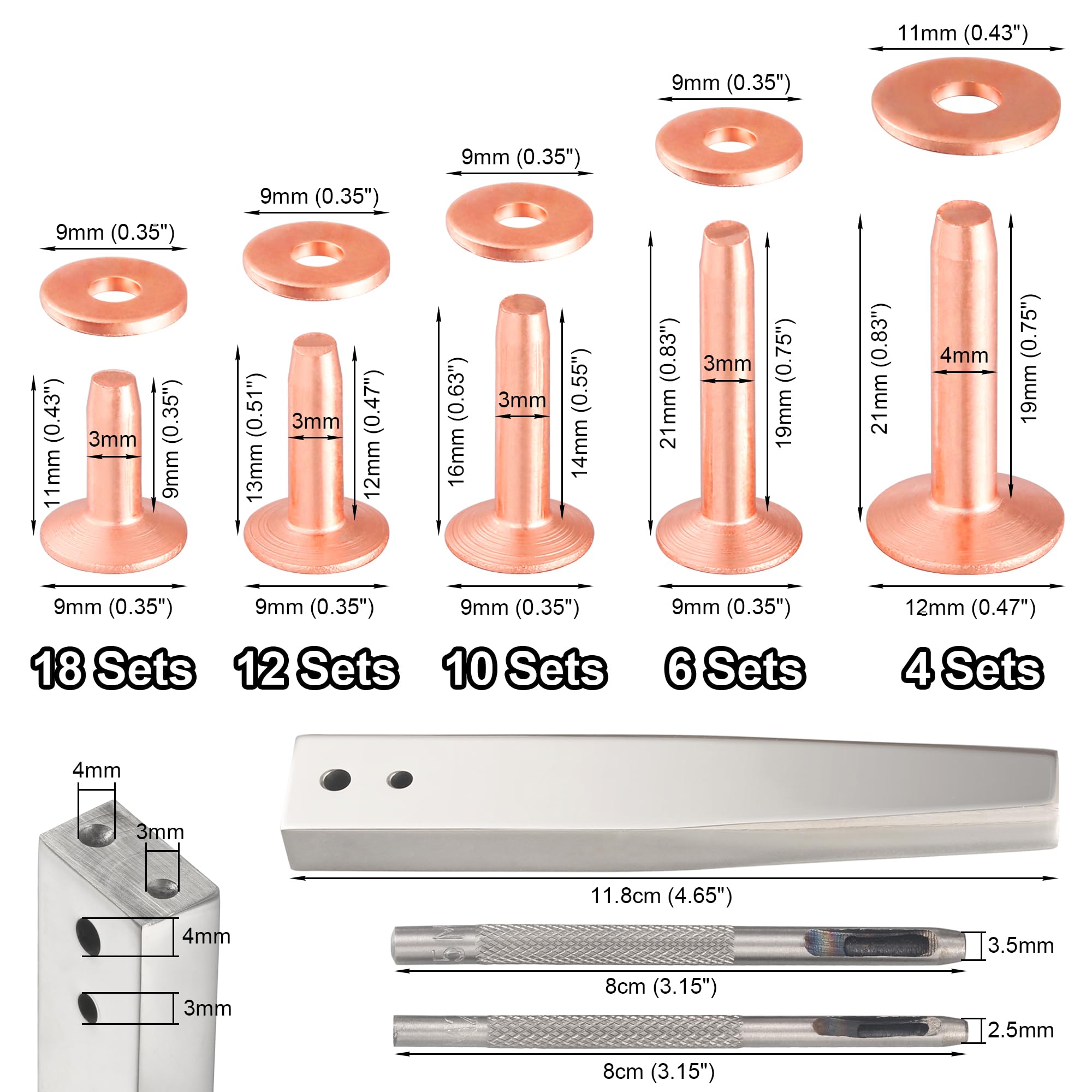 Notgia 50Sets Copper Rivets Assorted Leather Rivet Kit for Leather Working Brass Rivets with Solid Rivet Tool Setter for Repair and Decorate Belts Handbags Wallets Collars Shoes Clothing Bracelets