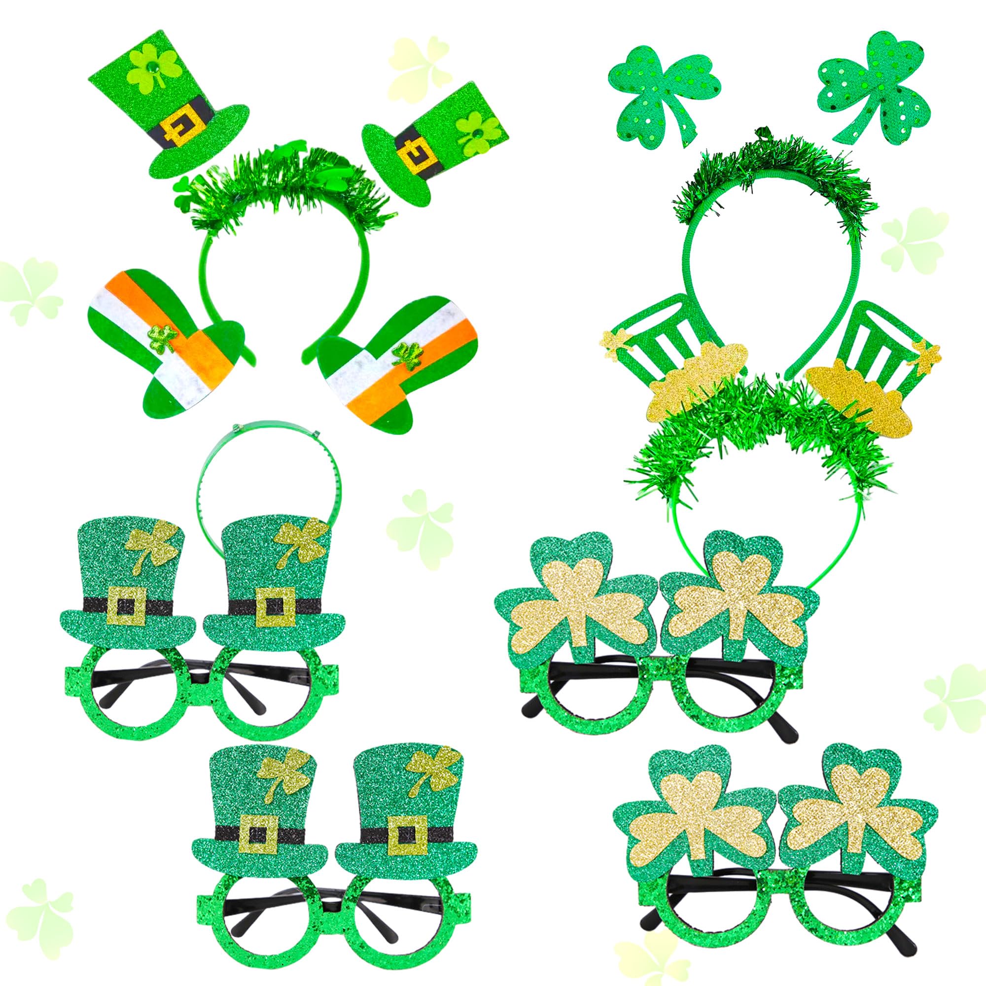 JeVenis 8 PCS St Patricks Day Photo Booth Props Selfie Party Glasses St Patricks Day Headband Irish Shamrock Party Decoration Supplies Favors for Photography Green Dress up Favors Accessories