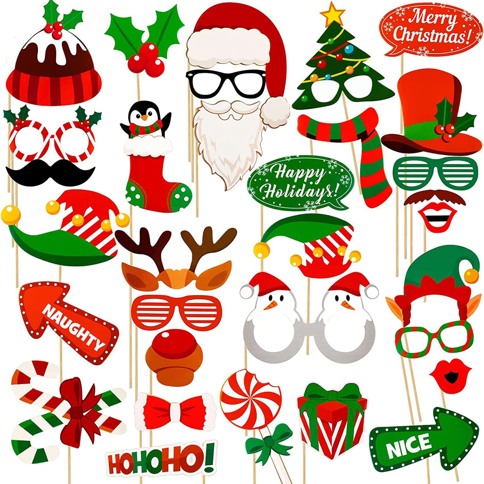 ILamourCar 32 Pcs Christmas Photo Booth Props, Funny Christmas DIY Selfie Props for Adults Kids Xmas Decoration Supplies