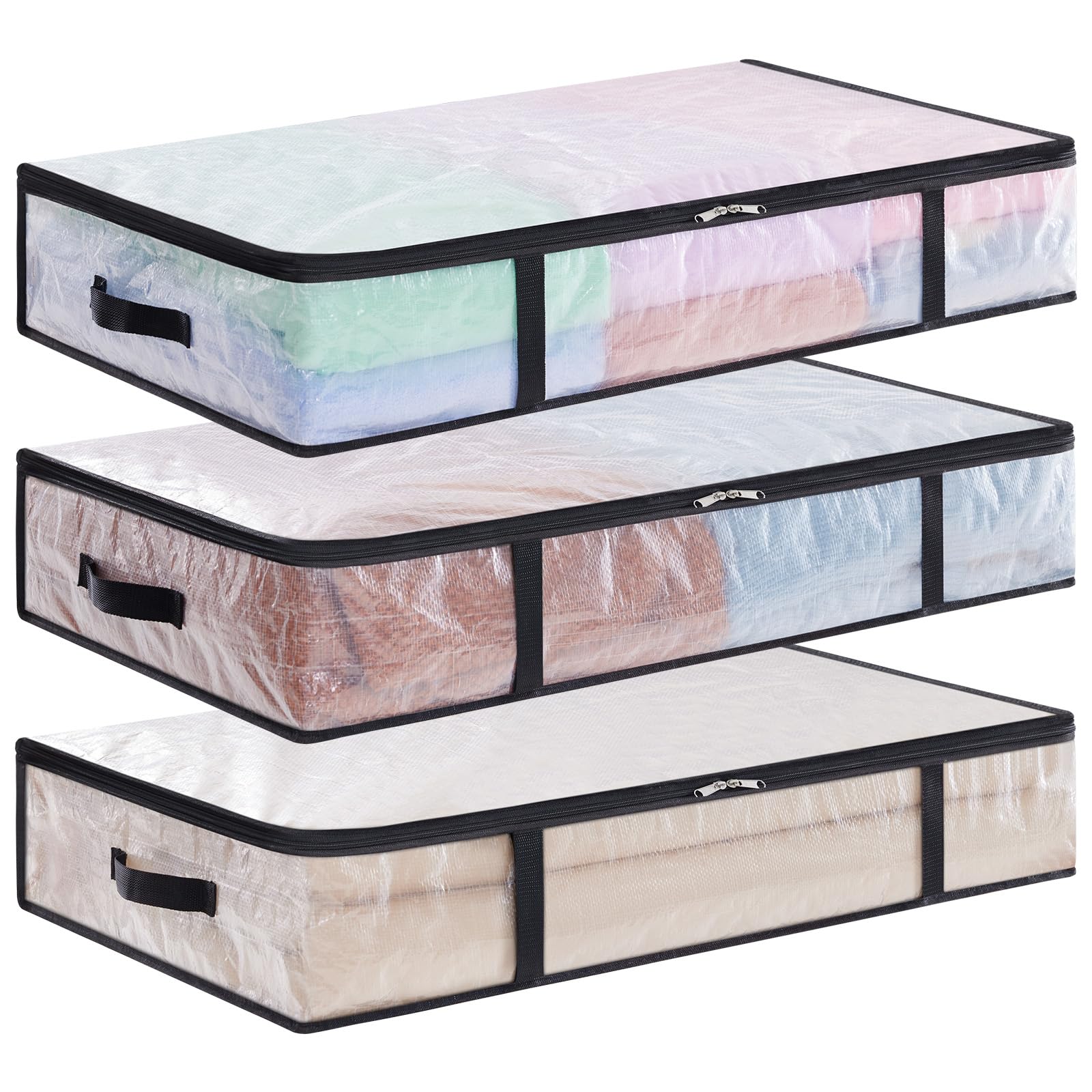 Lifewit 3 Pack Under Bed Storage Bags, 60L Large Clear Plastic Storage Boxes Wardrobe Organizer with Reinforced Handle Sturdy PP Fabric for Bedding Clothes Blanket