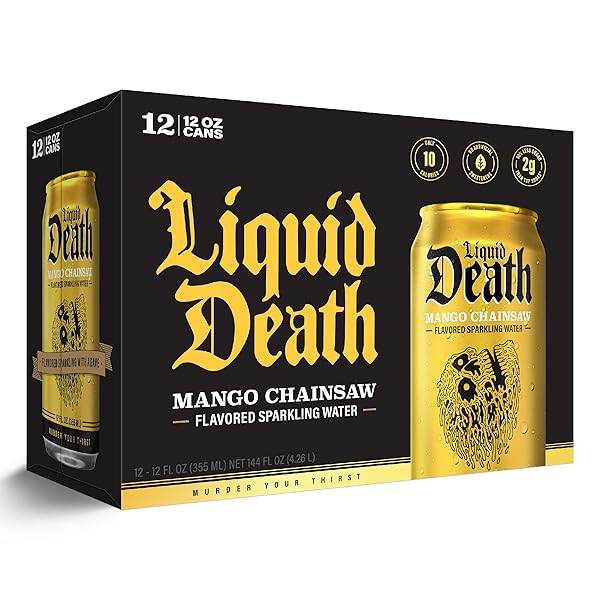 LIQUID DEATH SODA-FLAVORED SPARKLING WATER – MANGO CHAINSAW (MANGO ORANGE), LESS SUGAR*, HUGE FLAVOR, NO CAFFEINE, NO ARTIFICIAL SWEETENERS, 12 FL OZ (PACK OF 12)