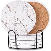 Hoewina 6Pcs Drink Coasters with Holder, Marble Style Ceramic Drink Coaster, Absorbent Coasters Set Suitable for Kinds of Cups, Modern Style Coasters for Coffee Table, 4 Inches(Natural)