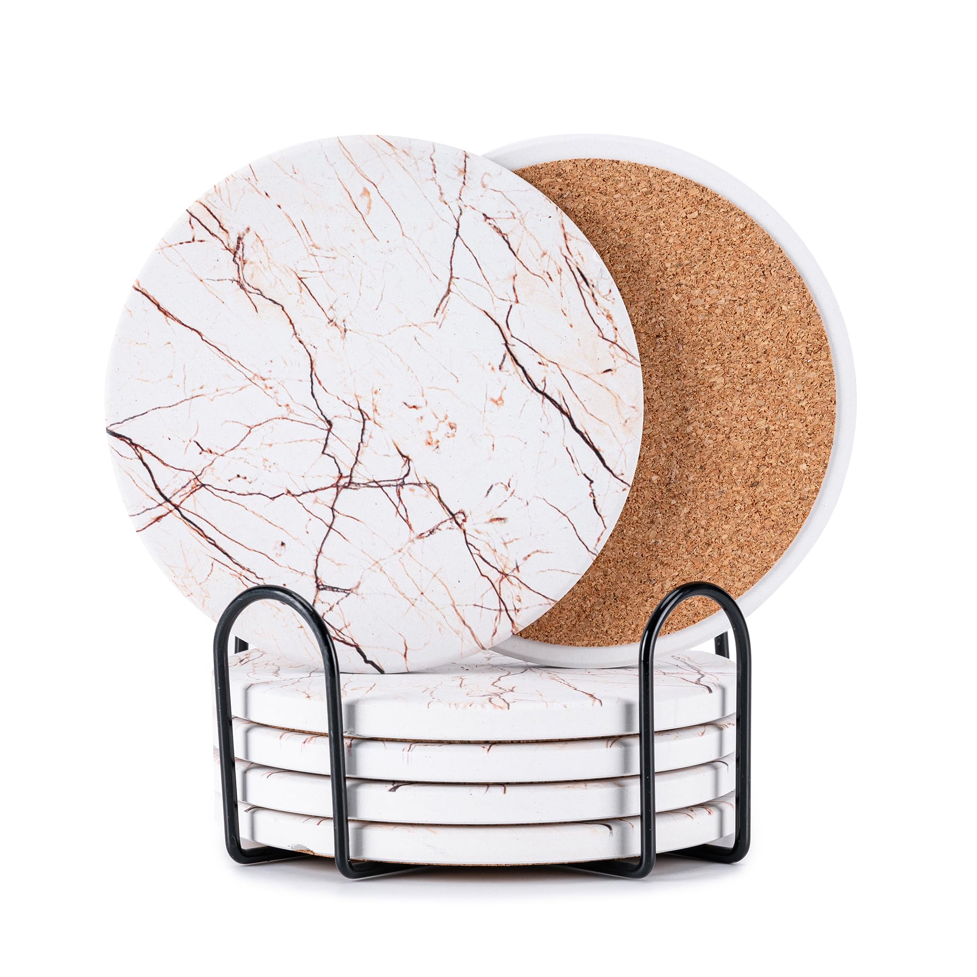 Photo 1 of Hoewina 6Pcs Drink Coasters with Holder, Marble Style Ceramic Drink Coaster, Absorbent Coasters Set Suitable for Kinds of Cups, Modern Style Coasters for Coffee Table, 4 Inches?Natural?