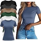 Neer 6 Pack Fitted Basic T-Shirts for Women Bulk, Tight Crewneck Short Sleeve Tops Multipack Slim Casual Summer Tees Blouse