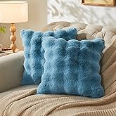 NEWCOSPLAY Throw Pillow Covers 18"x18" Set of 2 Faux Fur Soft Fluffy Bubble Decorative Cushion Covers for Couch Bed Living Room (Blue, Pack of 2)