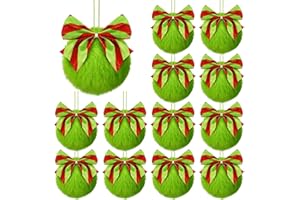 12 Pcs Lime Green Furry Christmas Ball Ornaments，3.15 Inch Xmas Tree Green Christmas Hanging Decorations Soft Faux Fur Pom Po