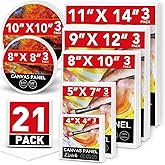 ESRICH Canvas Boards for Painting-21 Pack Blank Flat Canvas Boards-4x4, 5x7, 8x10, 9x12, 11x14, Round Canvas D8, D10, Cotton Primed Canvas Panels, Painting Canvas for Oil, Acrylic, Watercolor.