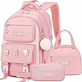 AO ALI VICTORY Backpack for Girls 3 PCS Cute School Backpacks Elementary Kids Book Bag with Lunch Box Pencil Case Set Laptop College Travel Back Pack Large Bookbags for Girl Teens Women Student Pink