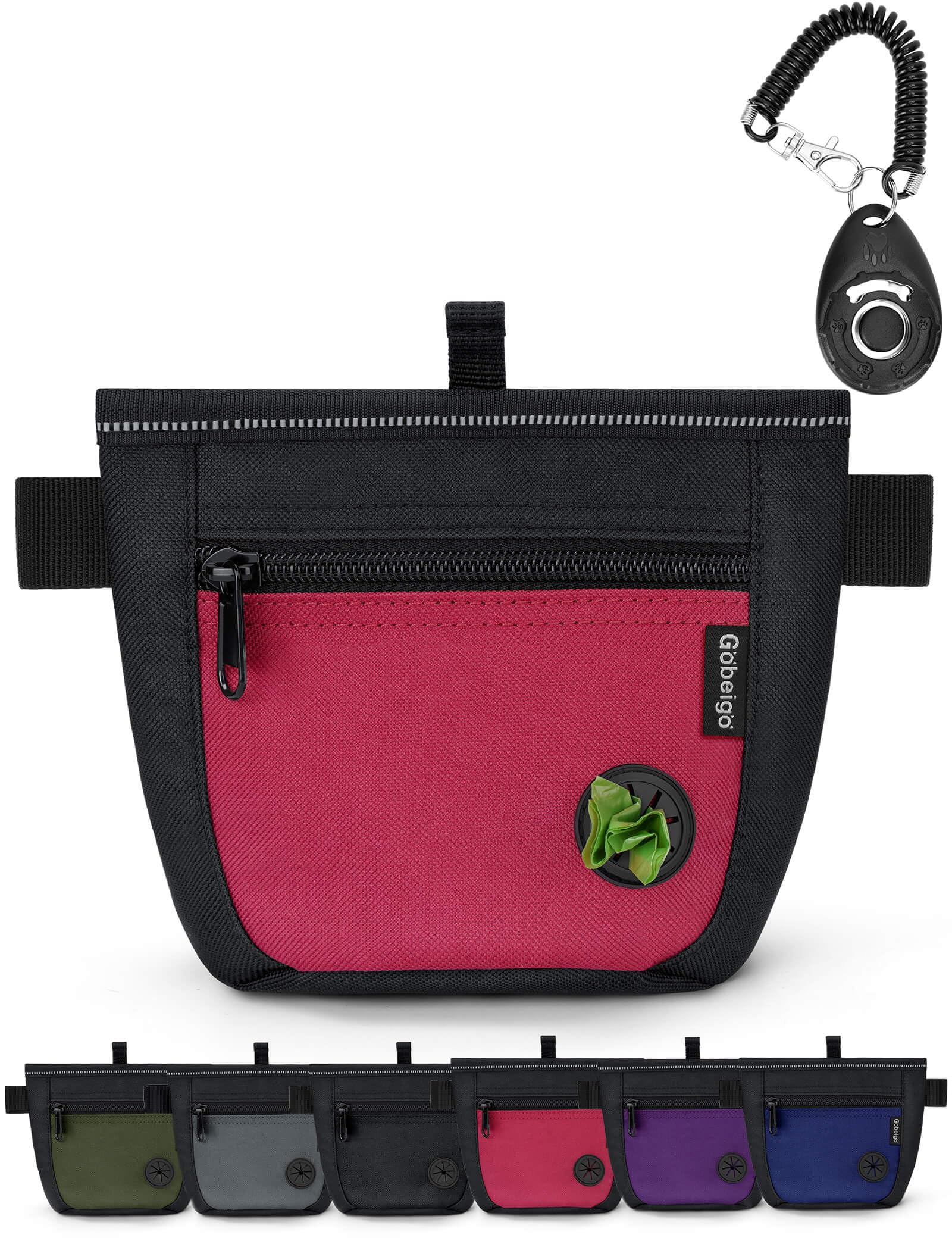 Gobeigo Dog Treat Pouch and Training Clicker, Upgrade Two Magnetic Closure to Prevent Spills, 2 Cup Treat Bag with Poop Bag Dispenser, Metal Clip Waist Belt Fanny Pack for Pet Walking(Black/Red)