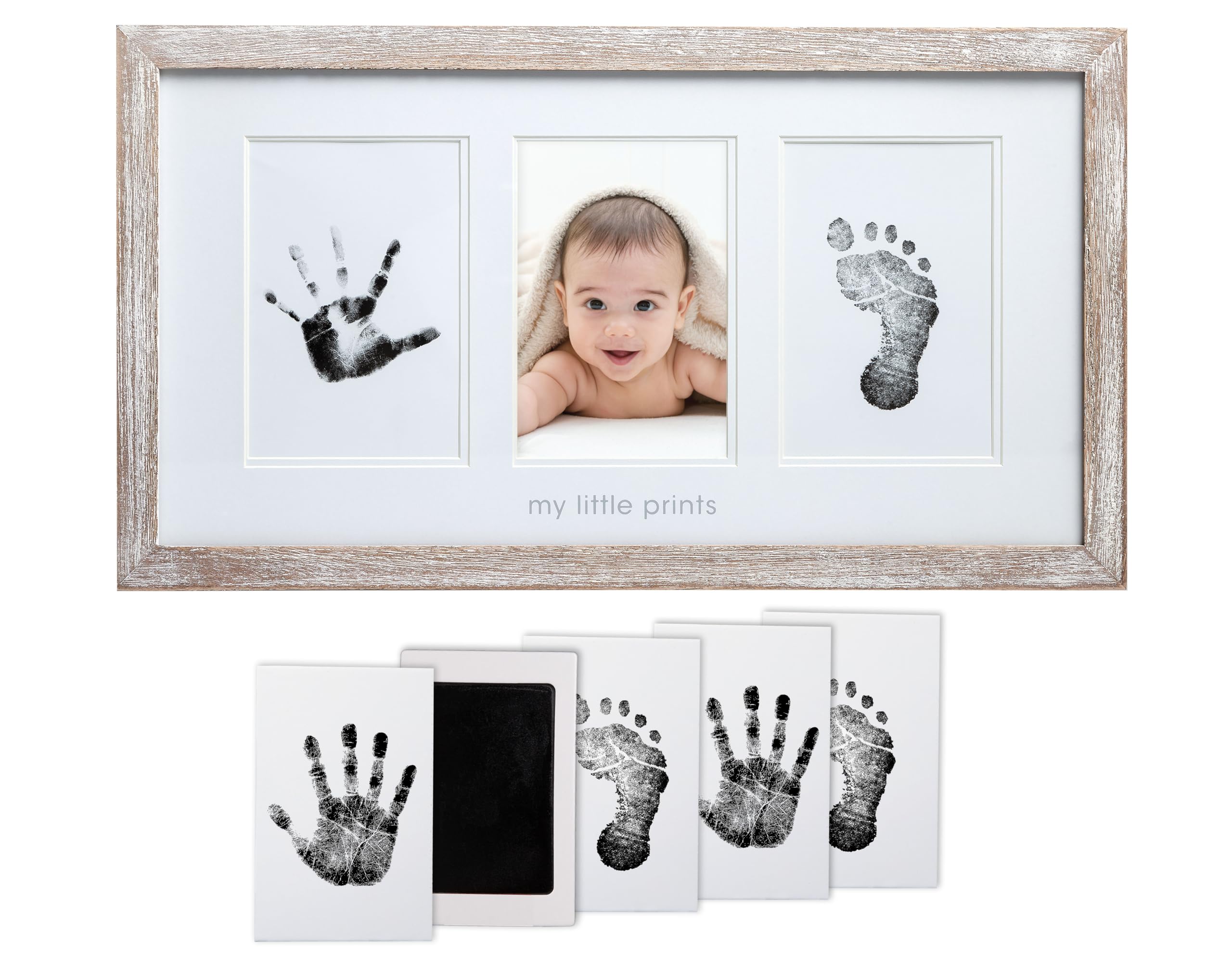 Pearhead My Little Prints Newborn Handprint & Footprint Frame Kit - No Mess Clean Touch Ink Pad, Gender-Neutral Keepsake, Nursery Decor, Distressed Wood