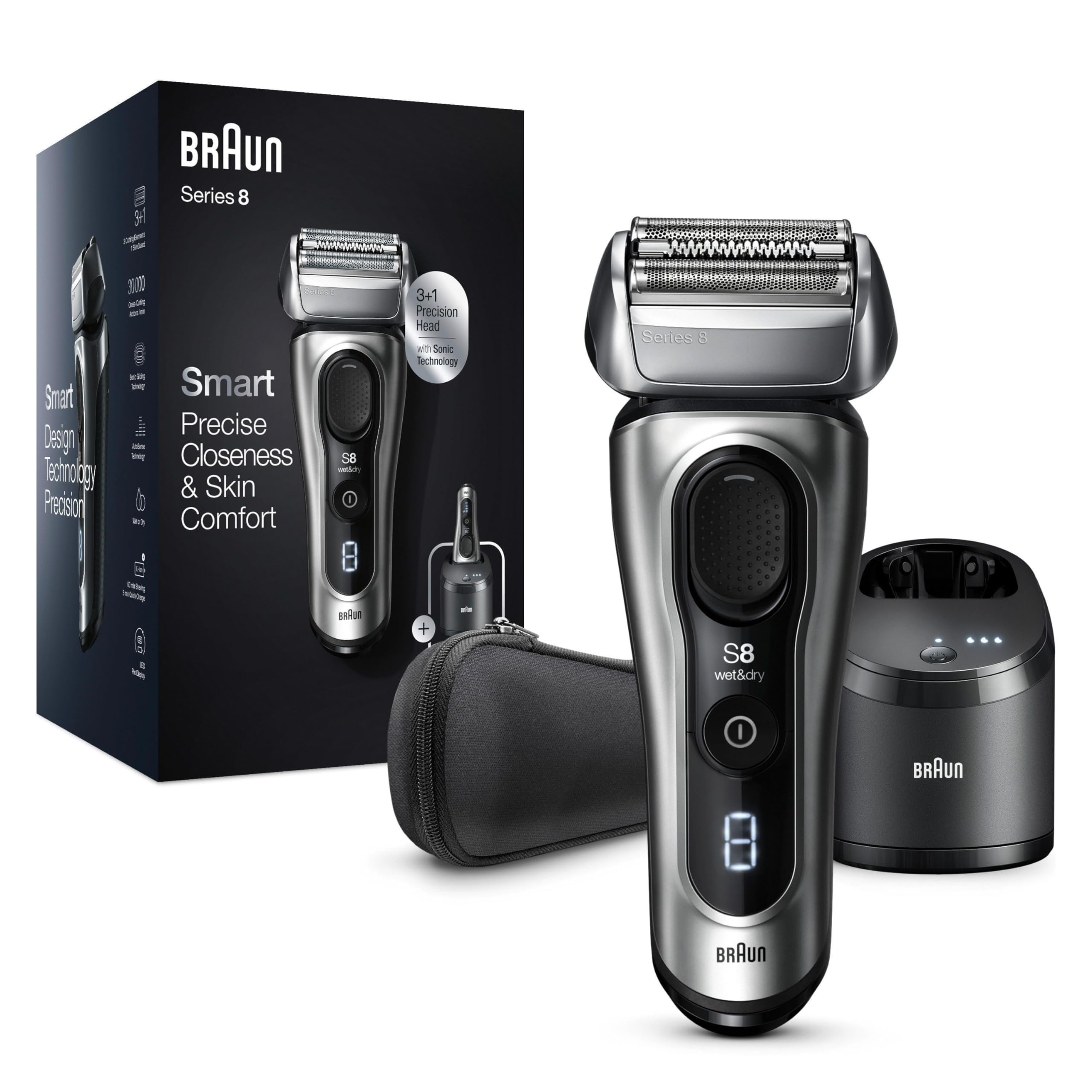 Braun Series 8 Rasierer Herren mit 3+1 Scherkopf, Elektrorasierer & Trimmer, Sonic-Technologie, 40°-Kopf, Konturenanpassung, Reinigungsstation, Wet & Dry, 8467cc, silber
