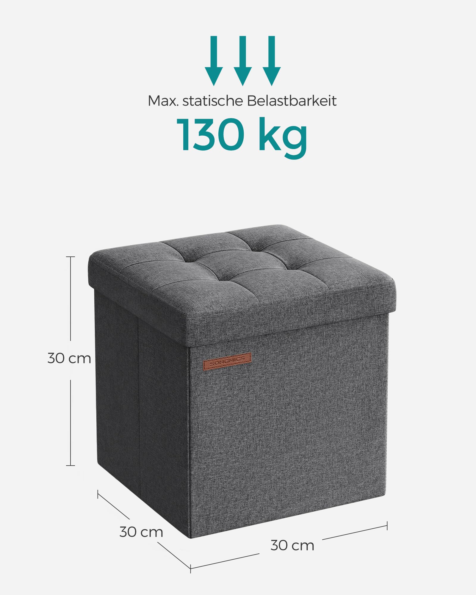 SONGMICS Aufbewahrungshocker, klein, faltbar, 30 x 30 cm, würfelförmiger Fußhocker mit Aufbewahrung, belastbar bis 130 kg, für Wohnzimmer, Schlafzimmer, Schlafsaal, Dunkelgrau LSF028G01 6