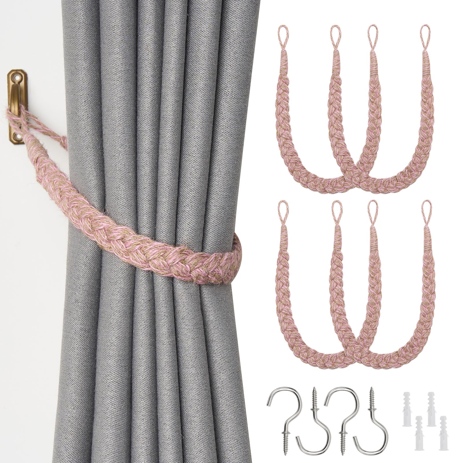 Pretty Jolly 4 Pack Natural Jute Rope Curtain Tiebacks Boho Rustic Style Decorative Drape Tie Backs Elegant Hand-Woven Rope Curtain Holdbacks with Metal Hook for Home & Office Drapery (Jute-Pink)