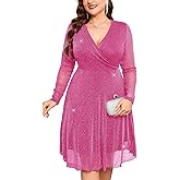 ZOMVA Plus Size Sparkly Mesh Dress A Line V Neck Wrap Short Glitter Dresses Wedding Guest Cocktail Evening Party
