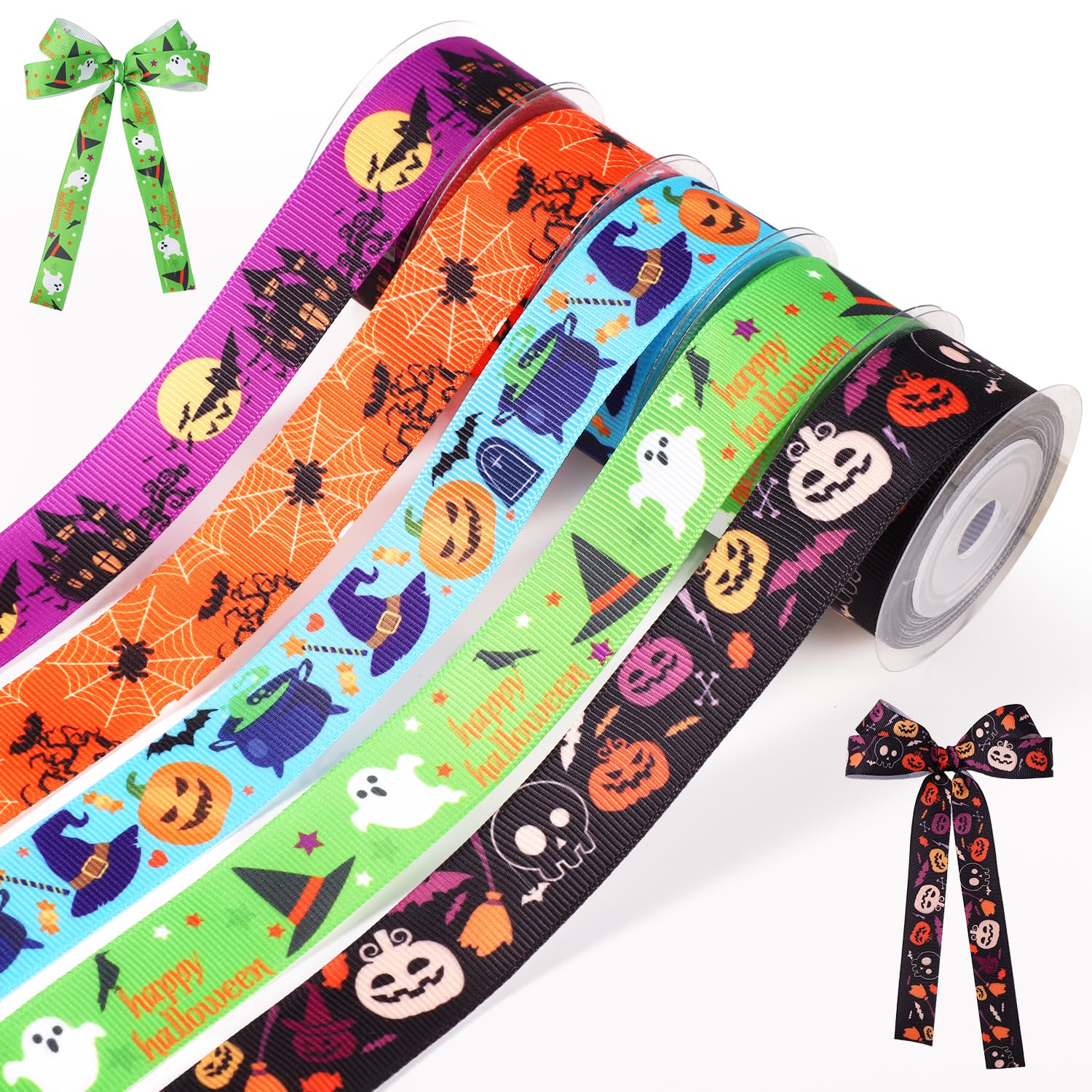 5 Rolls Halloween Ribbon Set, Length 5 Yard Width 7/8 Inch Halloween Themed Grosgrain Colorful Polyester Wired Pumpkin Ribbons for Crafts Gift Wrapping Home Party Decorations Supplies (Magic Theme)