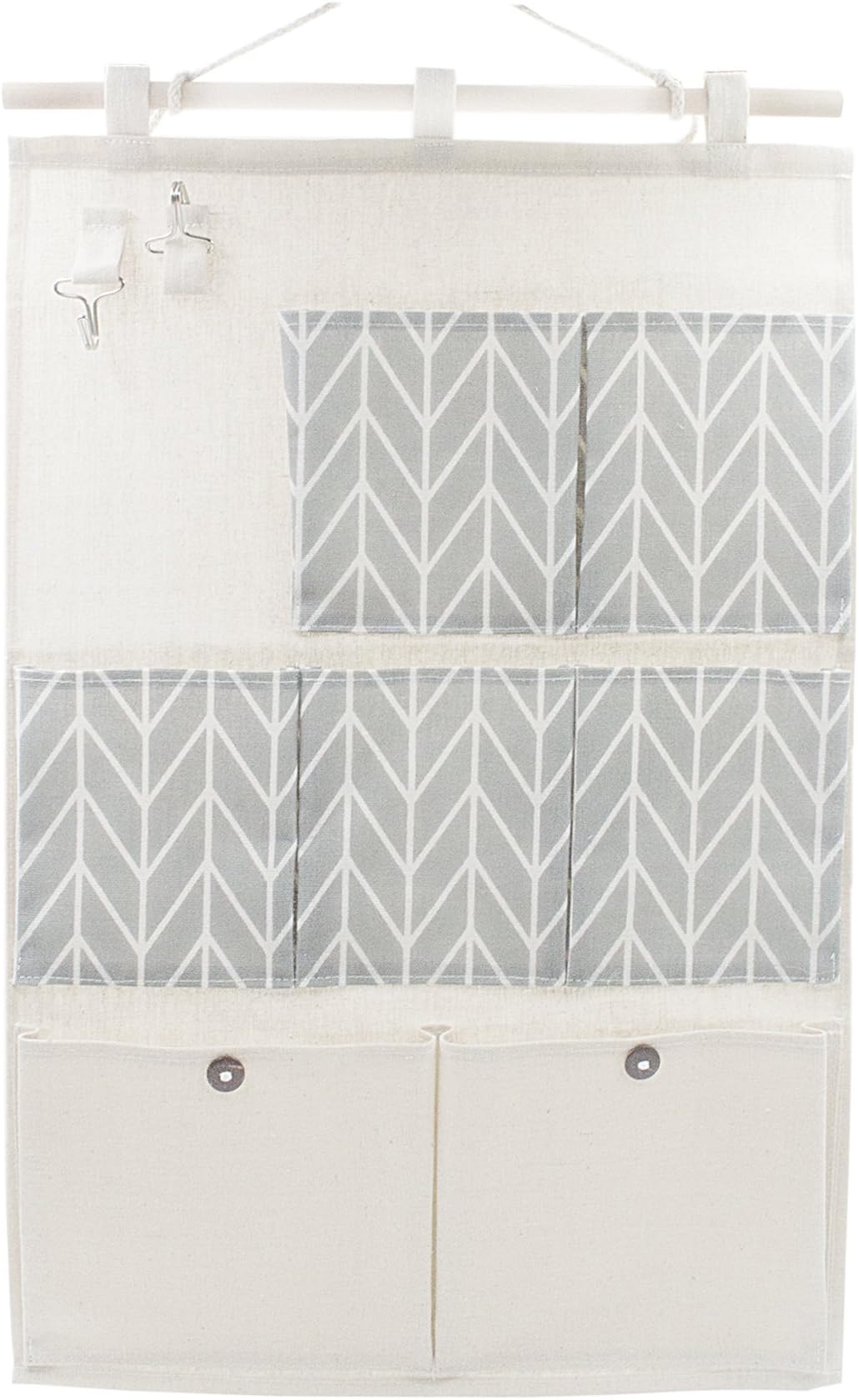 Anzirose Linen/Cotton Fabric Wall Door Hanging Storage Case Organizer Pockets Multipurpose with 7 Pockets 2 Key hooks Grey