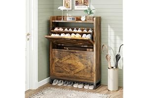 GRUSIGN Shoe Cabinet, Shoe Storage Cabinet with 2 Flip Drawers & Adjustable Shelf, Space-Saving Shoe Organizer – Holds 12+ Pairs, Narrow Shoe Cabinet Storage for Entryway/Hallway（Brown）