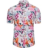 TUNEVUSE Mens Flower/Pineapple/Bird Print Hawaiian Short Sleeve Shirt Casual Button Down Tropical Shirt