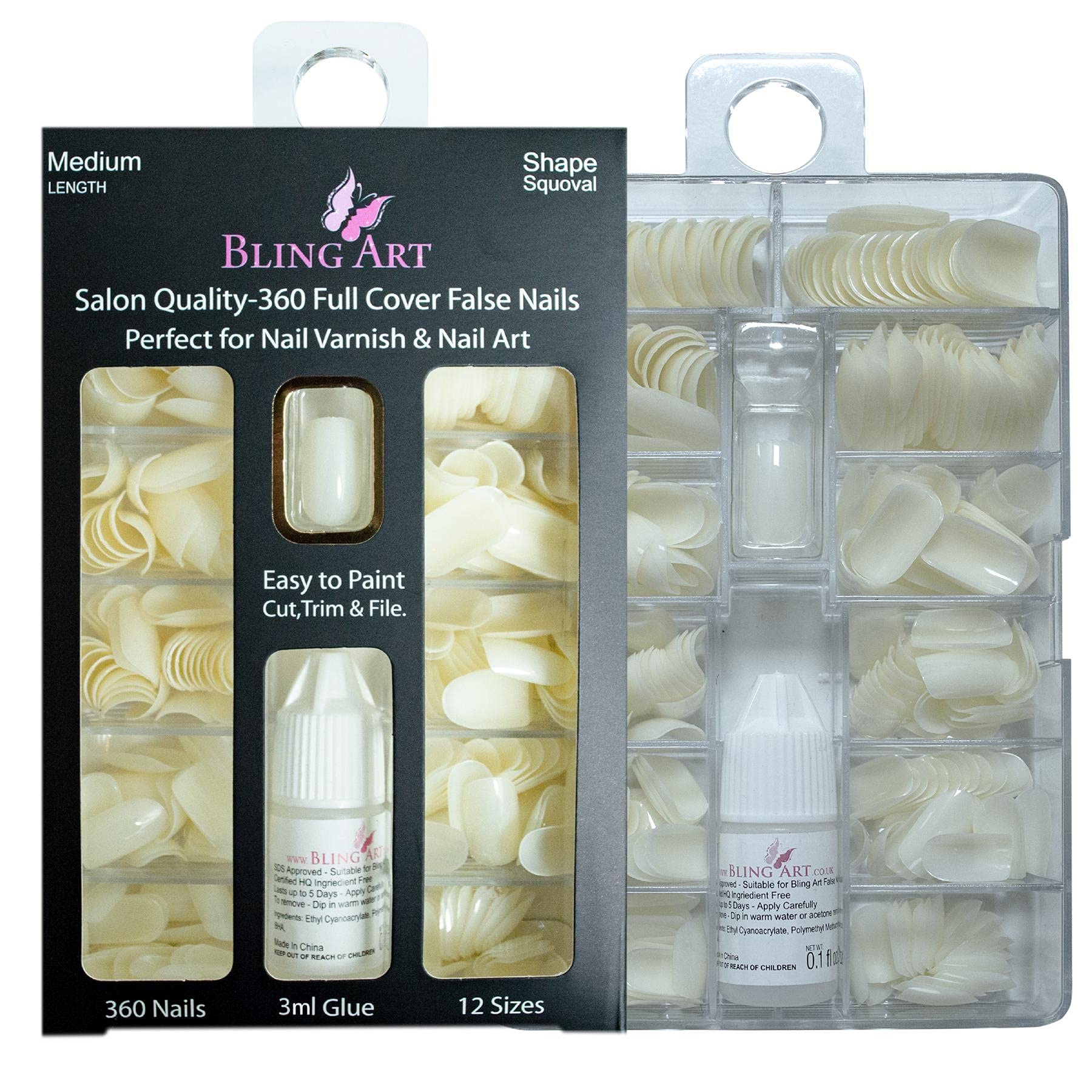 Bling Art False Nails 360 Squoval Long Natural White Acrylic Fake Nail Tips with glue