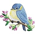 Bluebird on Branch - Facing Left - Pink Flowers/Natural Bird - Embroidered Iron on Patch
