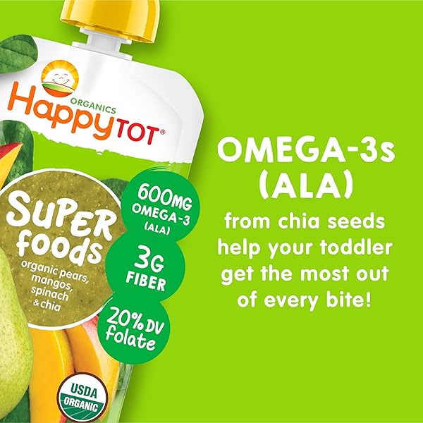 HAPPY TOT ORGANICS STAGE 4 BABY FOOD POUCHES, GLUTEN FREE, VEGAN SNACK, SUPERFOODS FRUIT & VEGGIE PUREE, PEARS, MANGO, SPINACH & CHIA, 4.22 OUNCE (PACK OF 1)