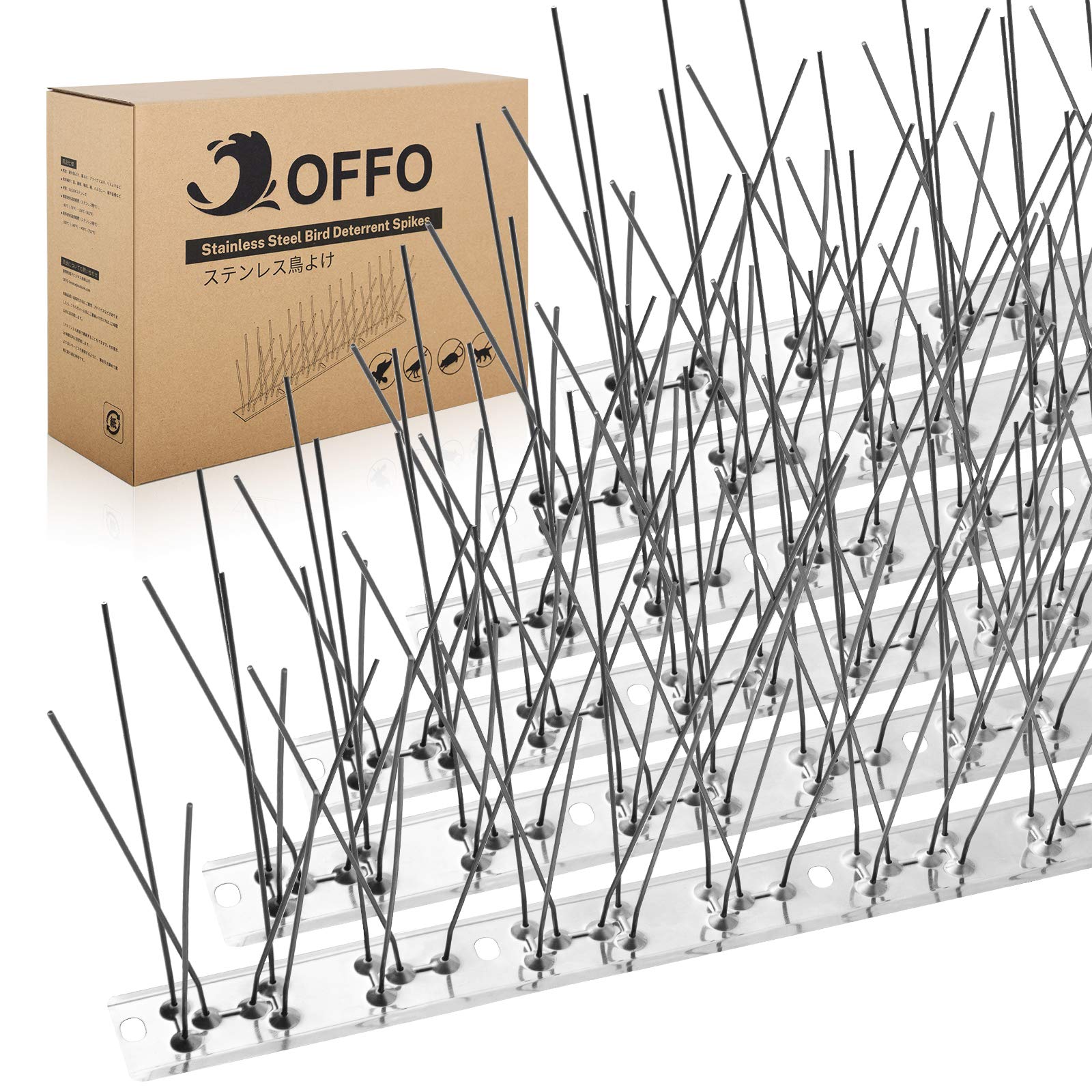 OFFO Bird Spikes Pre-Assembled for Roofs and Windows, Durable Pigeon Spikes for Deterring Crows, Seagulls and Small Birds, Bird Deterrent Spikes Set Cover 2.08m, Bright Silver