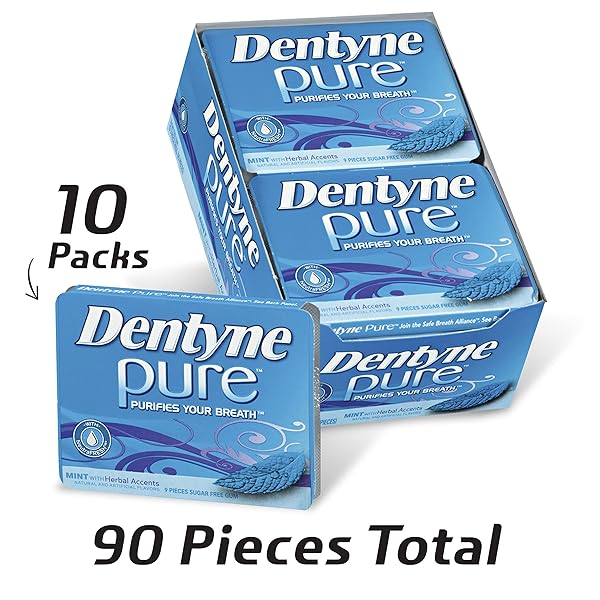 DENTYNE PURE MINT WITH HERBAL ACCENTS SUGAR FREE GUM, 10 PACKS OF 9 PIECES (90 TOTAL PIECES)