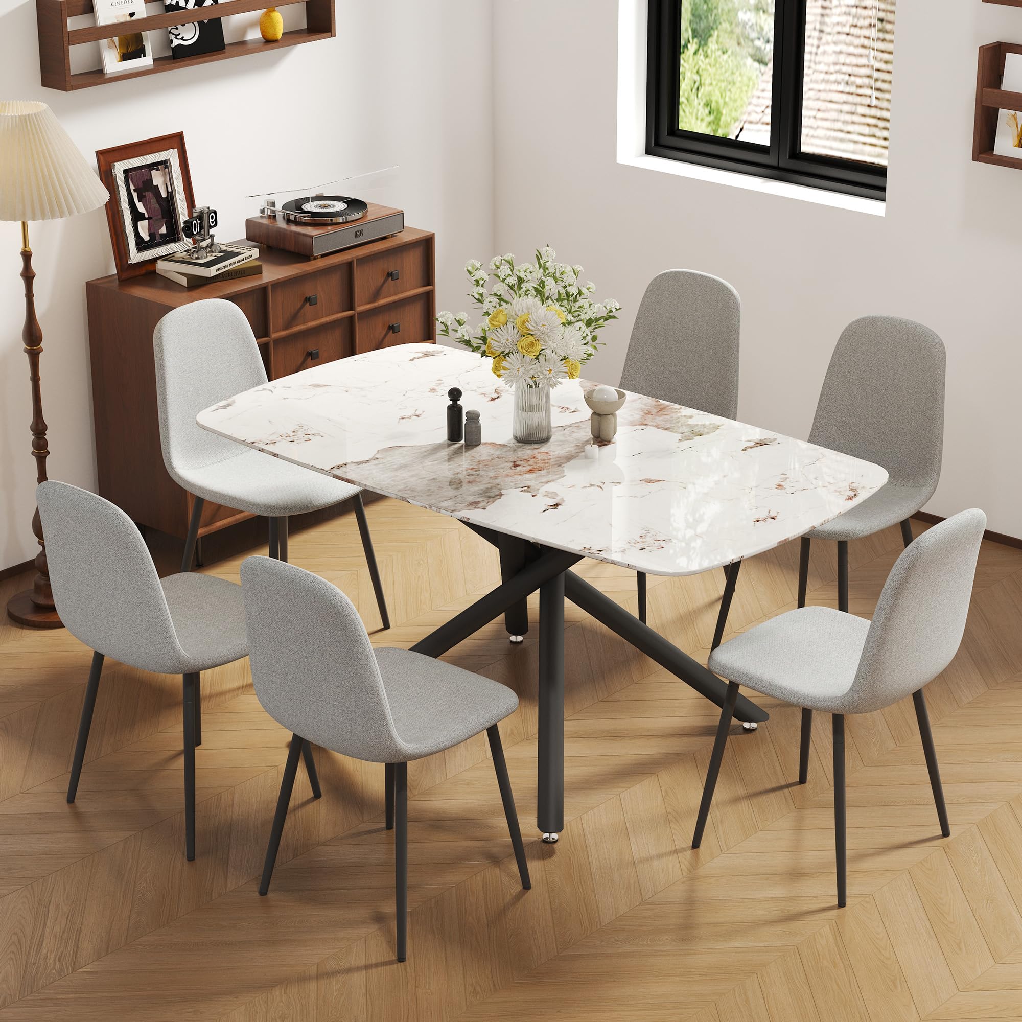 Photo 1 of KEIKI 7-Piece Dining Table Set for 6 Person, Table Set with White Rectangular Marble-Patterned Tempered Glass Table and 6 PU Chairs, Easy Assembly, for Kitchen, Dining Room, White+Light Gray